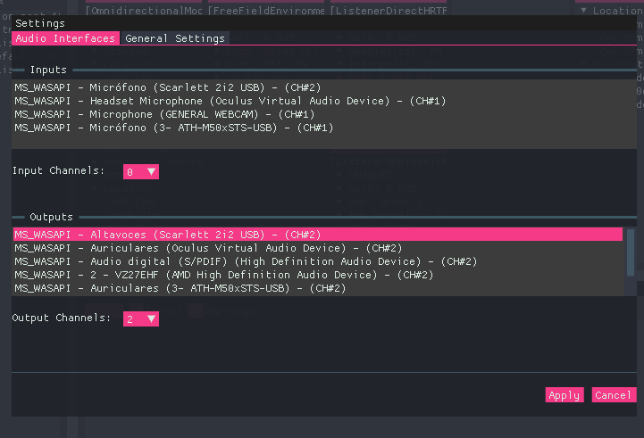 BeRTA Renderer - Audio Interfaces menu