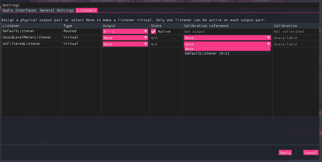 BeRTA Renderer - Listeners menu Virtual listener's Calibration reference dropdown