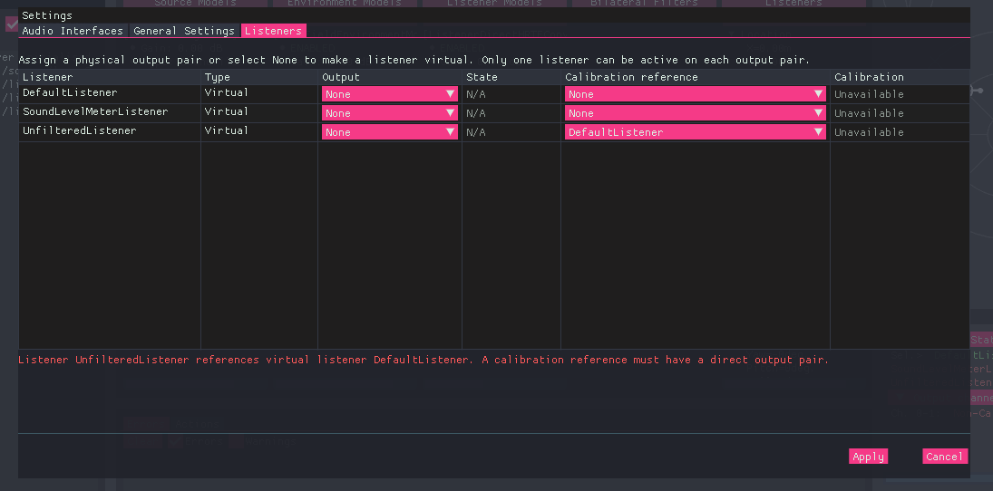 BeRTA Renderer - Listeners menu Virtual listener's Calibration error