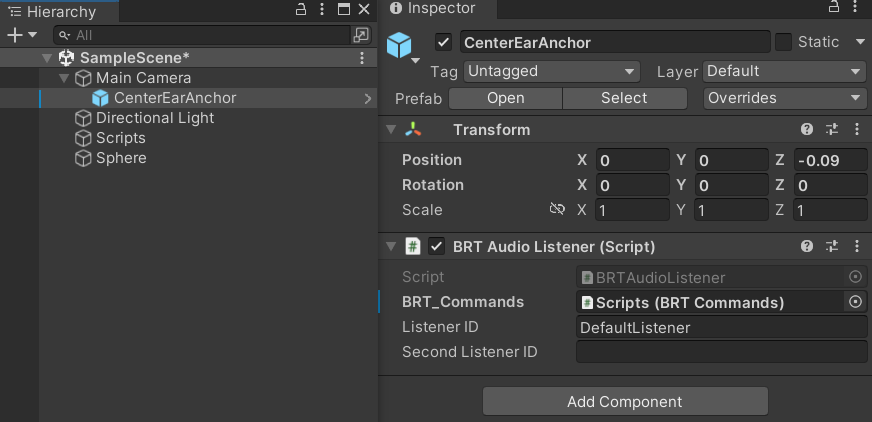 CenterEarAnchor prefab in the Unity inspector